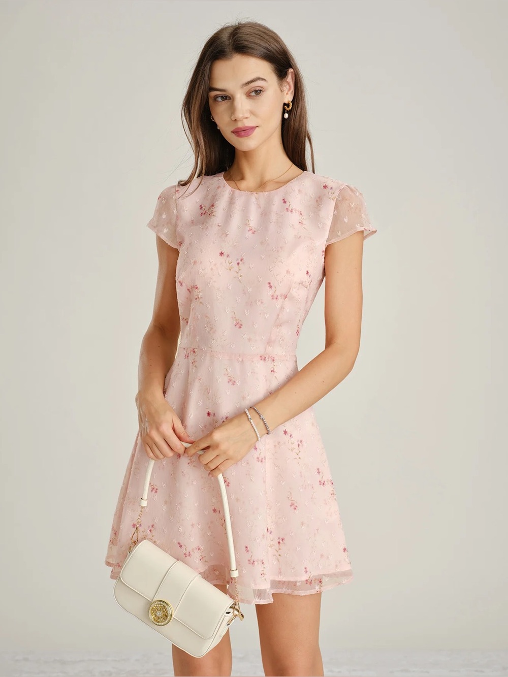 Rihoas Pink Cap Sleeve Jacquard Fit-and-Flare Mini Dress